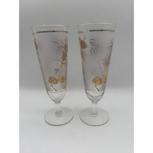 2 Libbey Glass Pilsner Glasses Gold Pinecones Frosted Background 8.25" Vintage